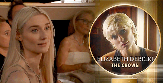 Gillian cheers for Elizabeth as Best Supporting Female Actor nominee whilst Elizabeth laughs at herself for getting caught off guard.