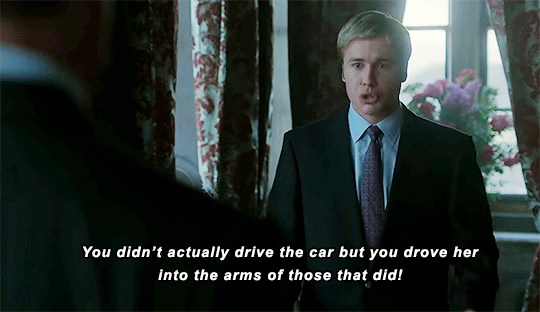 Prince Wiliam (Ed McVey) looks angry after his mother Princess Diana's death. He confronts Prince Charles (Dominic West), pointing out that even if his father didn't drive the car in which Diana died, he is still culpable for driving her "into the arms of those that did."